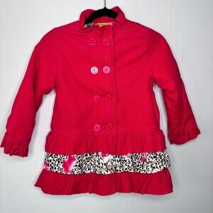 Penelope Mack Coat Girls Size 7 Red Corduroy Animal Print Ruffle Double Breasted
